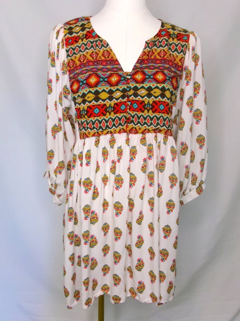 Umgee Boho Tribal Print Peasant Dress Balloon Sleeve Babydoll Mini Dress S
